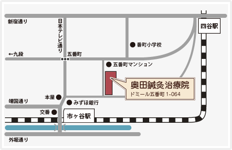 奥田鍼灸治療院へのアクセスマップ　市ヶ谷駅より徒歩４分